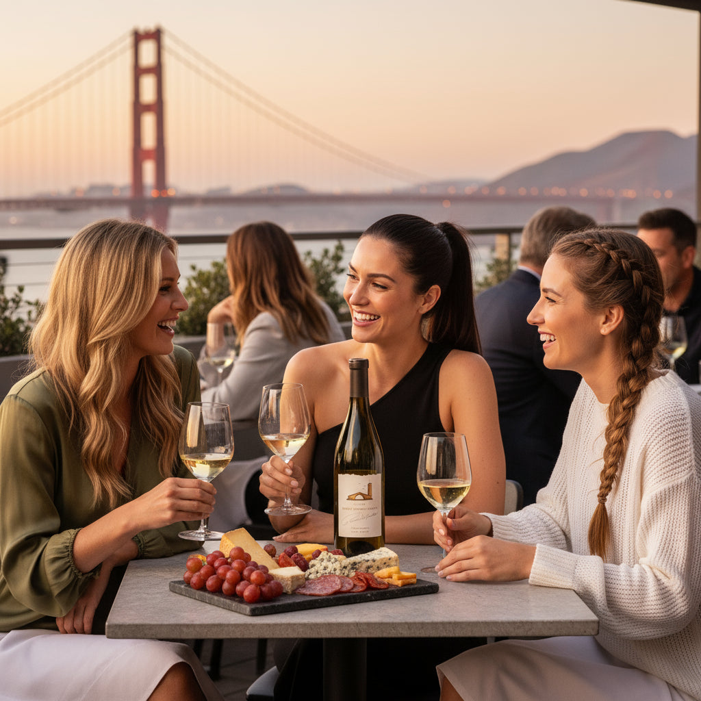 Load image into Gallery viewer, Three women enjoying a bottle of Robert Mondavi Napa Chardonnay white wine and a charcuterie board with the Golden Gate Bridge in the background.