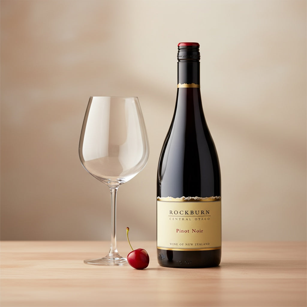 Load image into Gallery viewer, Bottle of Rockburn Pinot Noir with a wine glass and cherry on a wooden surface.