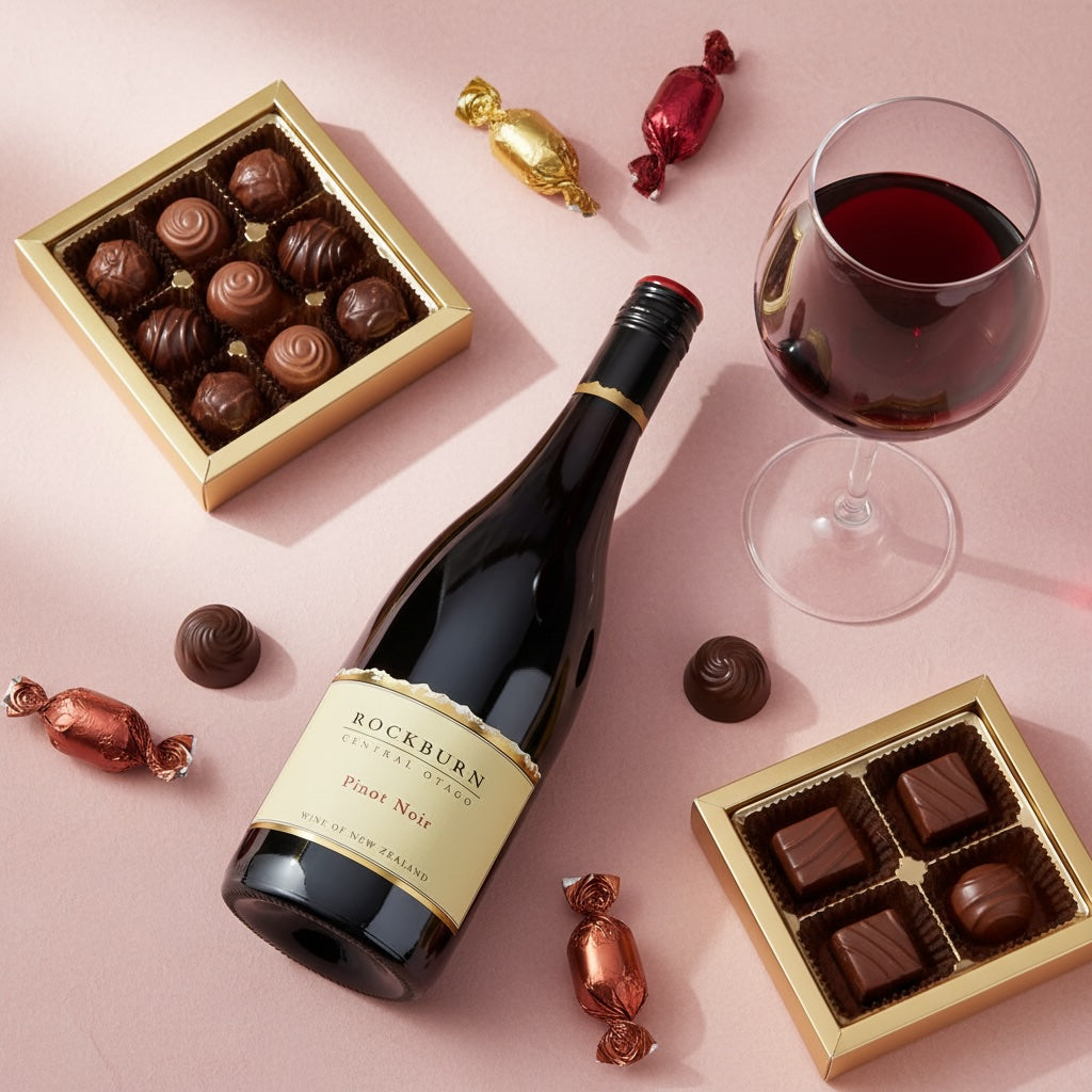 Load image into Gallery viewer, Bottle of Rockburn Pinot Noir with a glass of red wine and chocolate truffles on a pink background