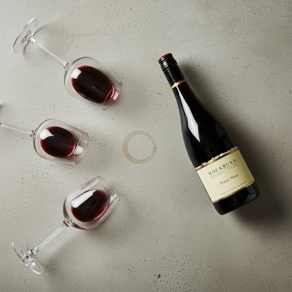 Bottle and glasses of Rockburn-Central-Otago-Pinot-Noir wine on a concrete surface