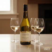 Load image into Gallery viewer, Bottle of Rockburn Chardonnay white wine with three wine glasses on a table.