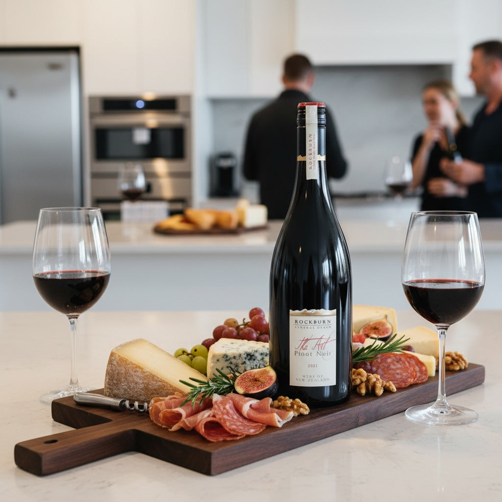 Load image into Gallery viewer, Bottle of Rockburn-The-Art-Central-Otago-Pinot-Noir wine on a charcuterie board with two glasses, people in the background in a kitchen.