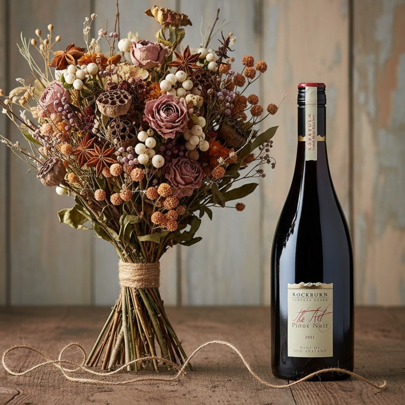 Load image into Gallery viewer, Bouquet of flowers and a bottle of Rockburn-The-Art-Central-Otago-Pinot-Noir wine on a wooden surface with a rustic background