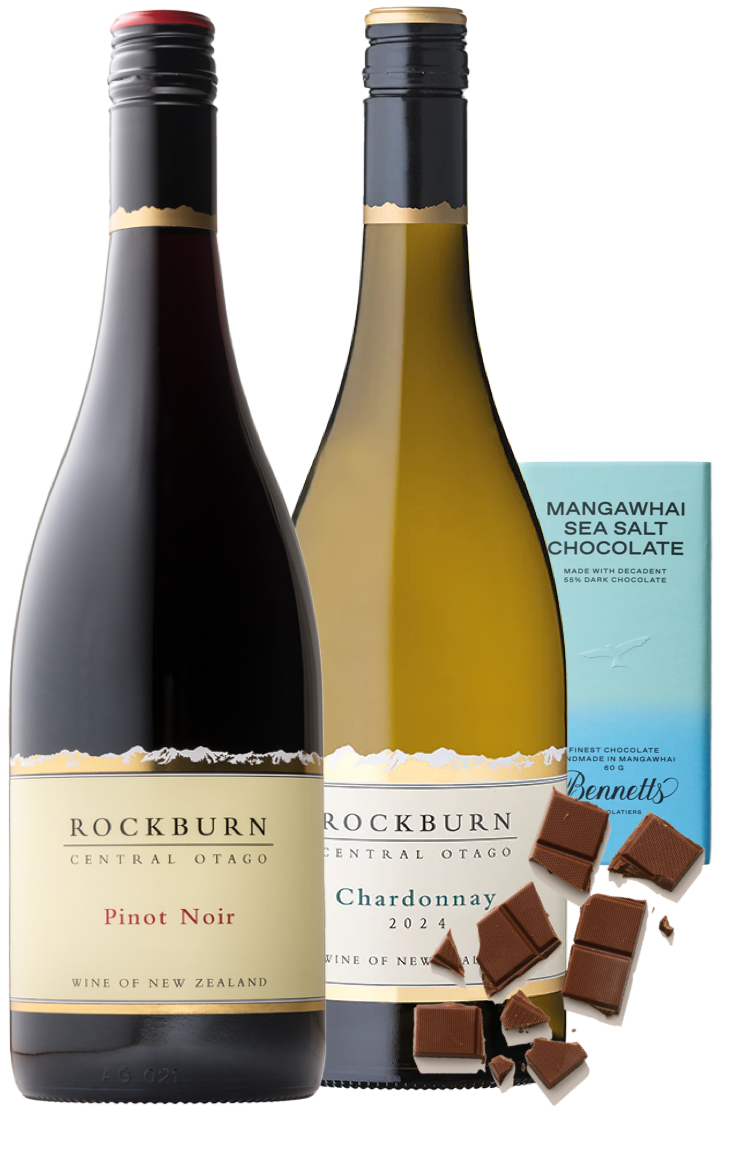 Load image into Gallery viewer, Two Rockburn Central Otago wine bottles with chocolate bars and a box of Mangawhai Sea Salt Chocolate, set against a solid white background.