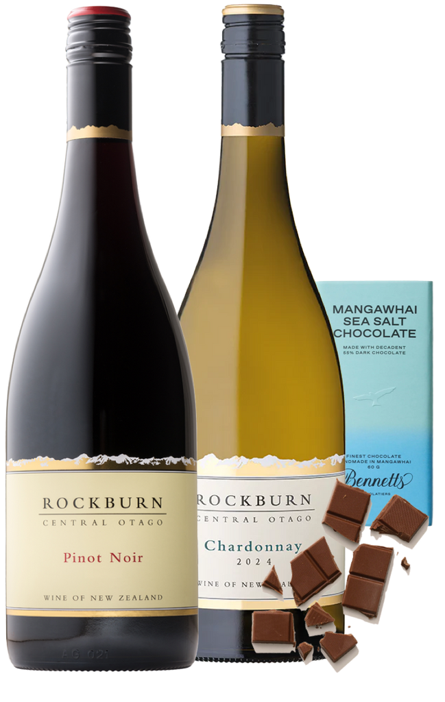 Two Rockburn Central Otago wine bottles with chocolate bars and a box of Mangawhai Sea Salt Chocolate, set against a solid white background.