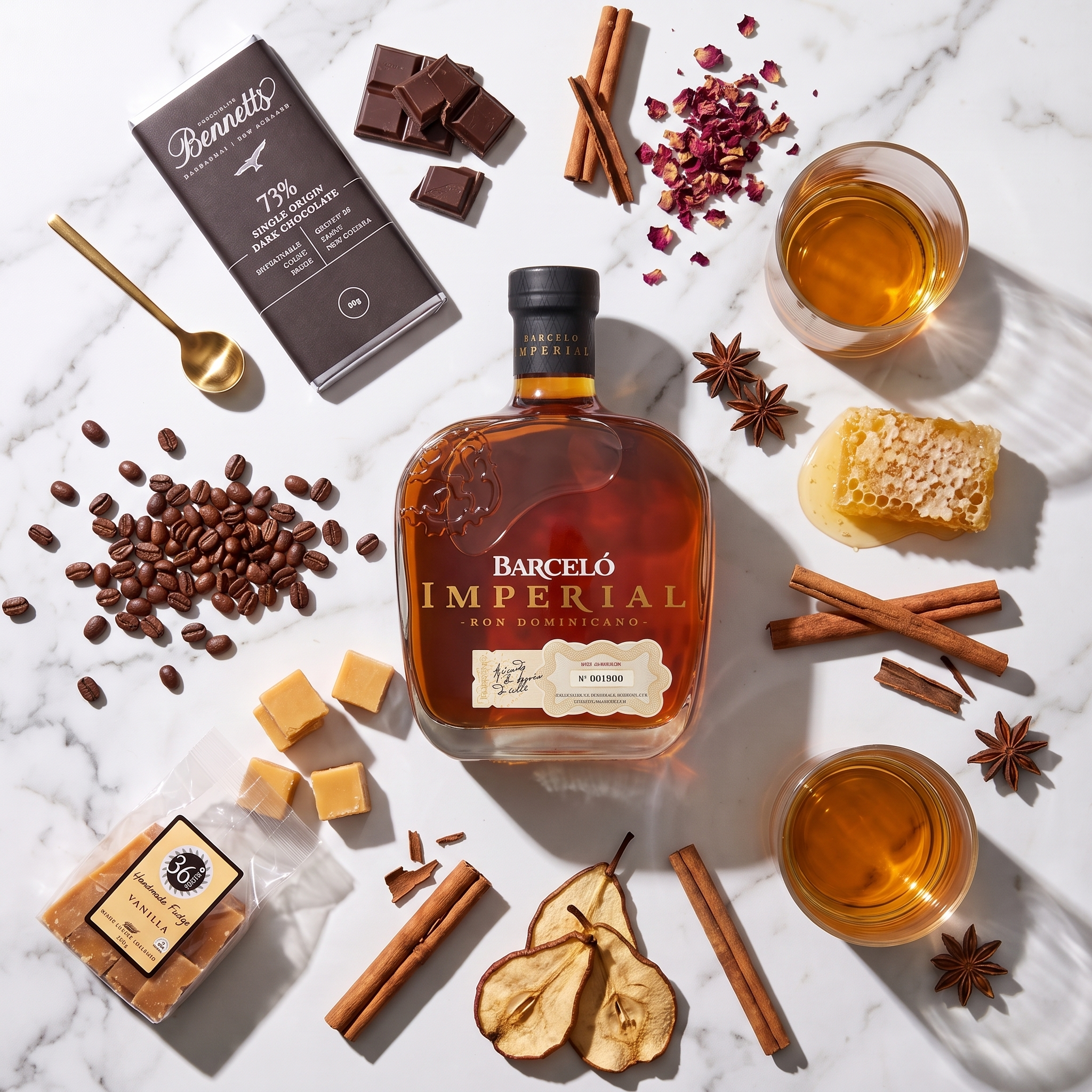 Load image into Gallery viewer, A bottle of Barceló Imperial rum is arranged on a white marble surface with cinnamon sticks, star anise, dried pears, coffee beans, chocolate pieces, a glass of amber liquid, and other flavor-inspired ingredients around it.