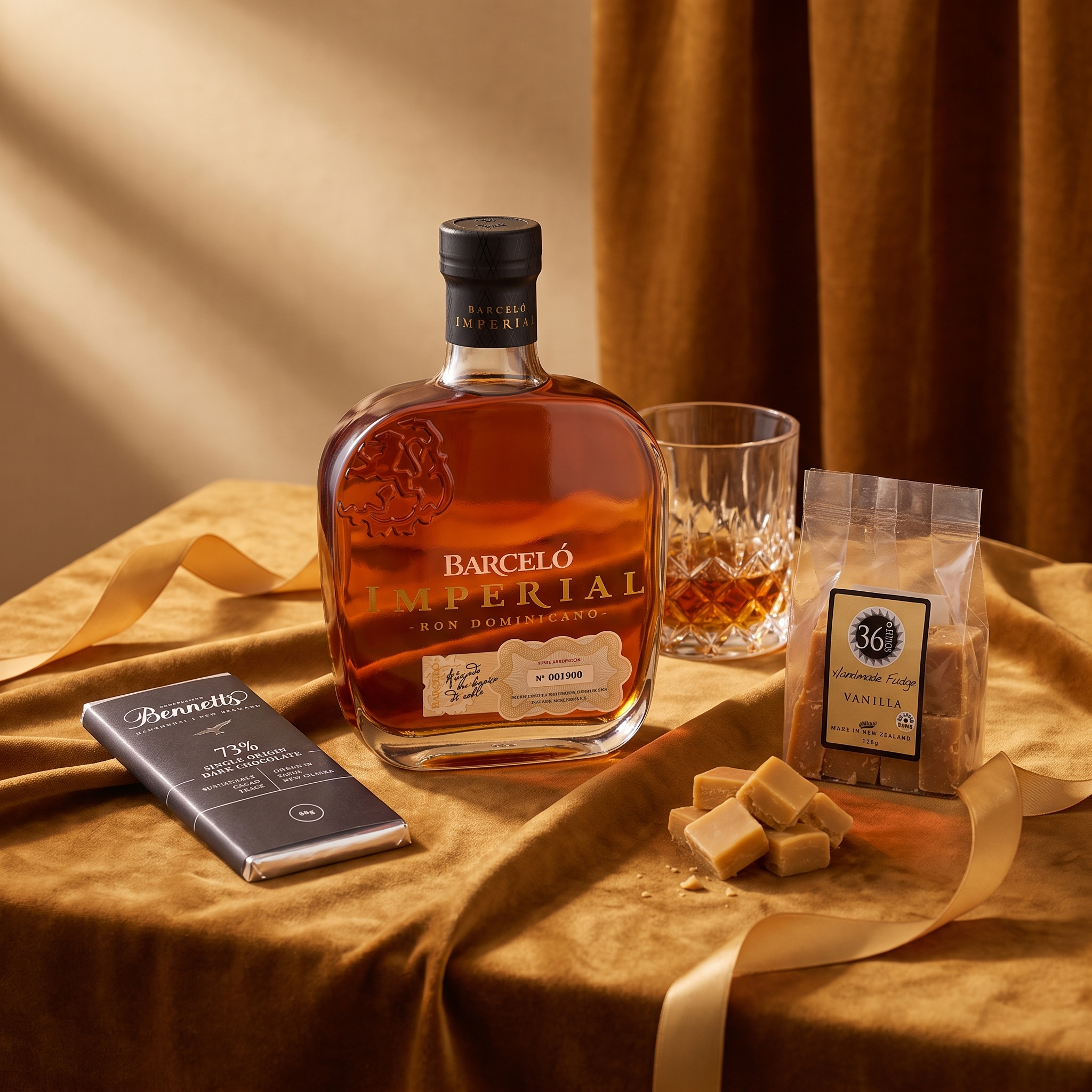 Load image into Gallery viewer, A luxury gift set featuring a bottle of Barceló Imperial rum, a glass of amber liquor, a bag of vanilla caramel candies, and a chocolate bar, all arranged on a draped gold fabric surface with a warm brown curtain background.