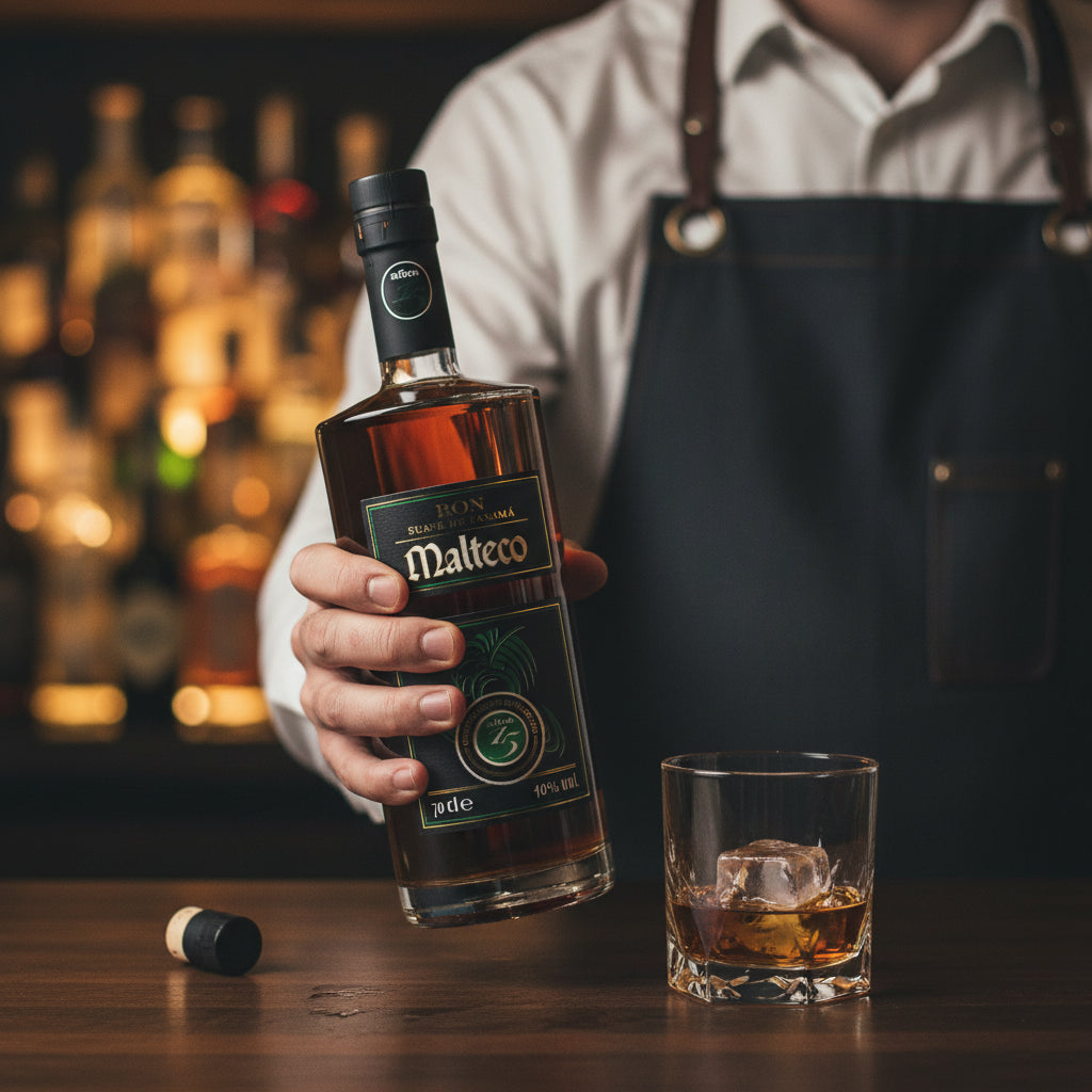 Load image into Gallery viewer, Bar man holding a bottle of Ron Malteco 15 Year Old Reserva Maya Rum with a glass of rum on a bar counter.
