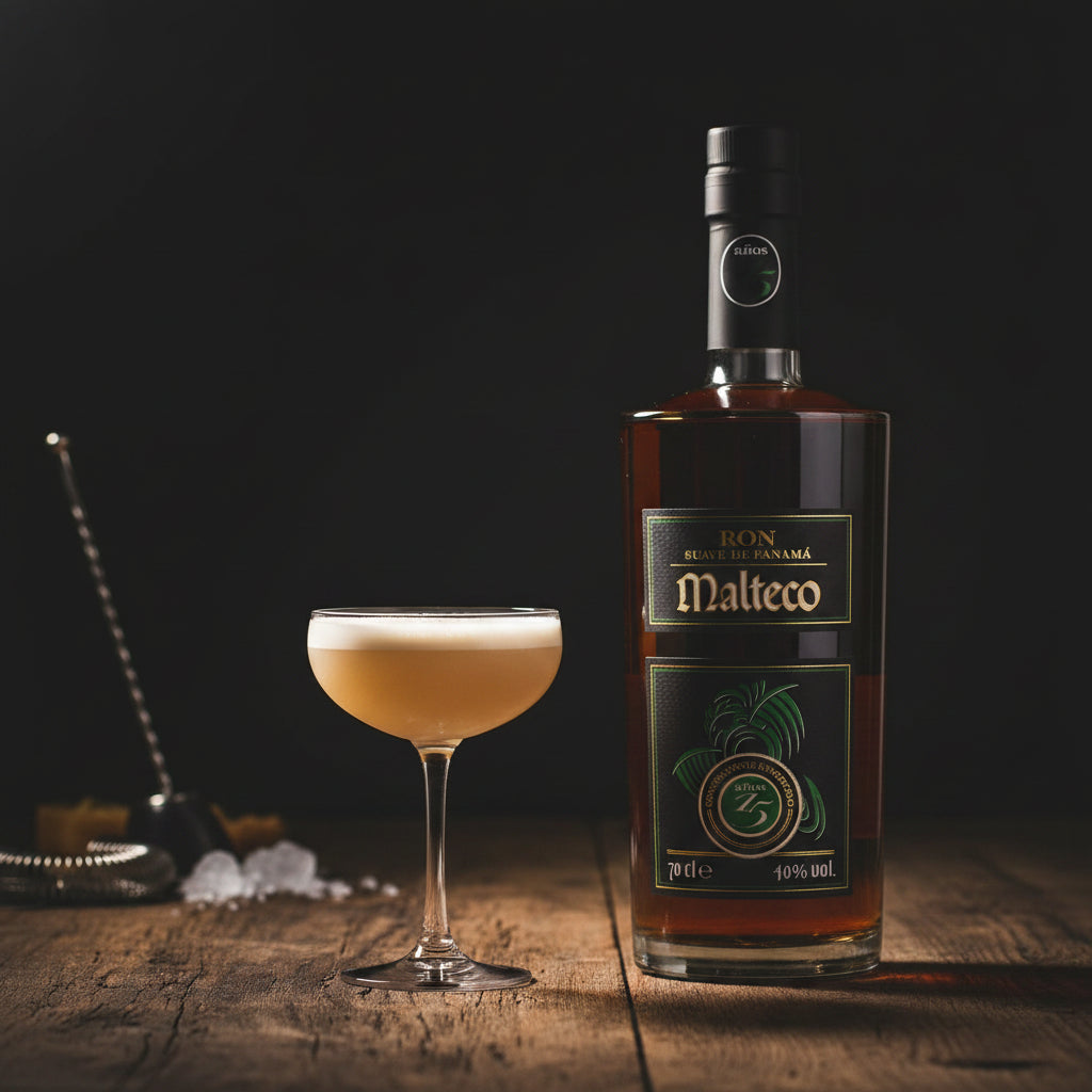 Load image into Gallery viewer, Bottle of Ron Malteco 15 Year Old Reserva Maya Rum with a cocktail on a wooden surface