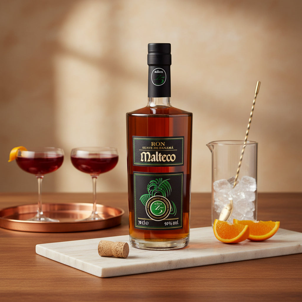 Load image into Gallery viewer, Ron Malteco 15 Year Old Reserva Maya Rum bottle with cocktails and oranges on a wooden table
