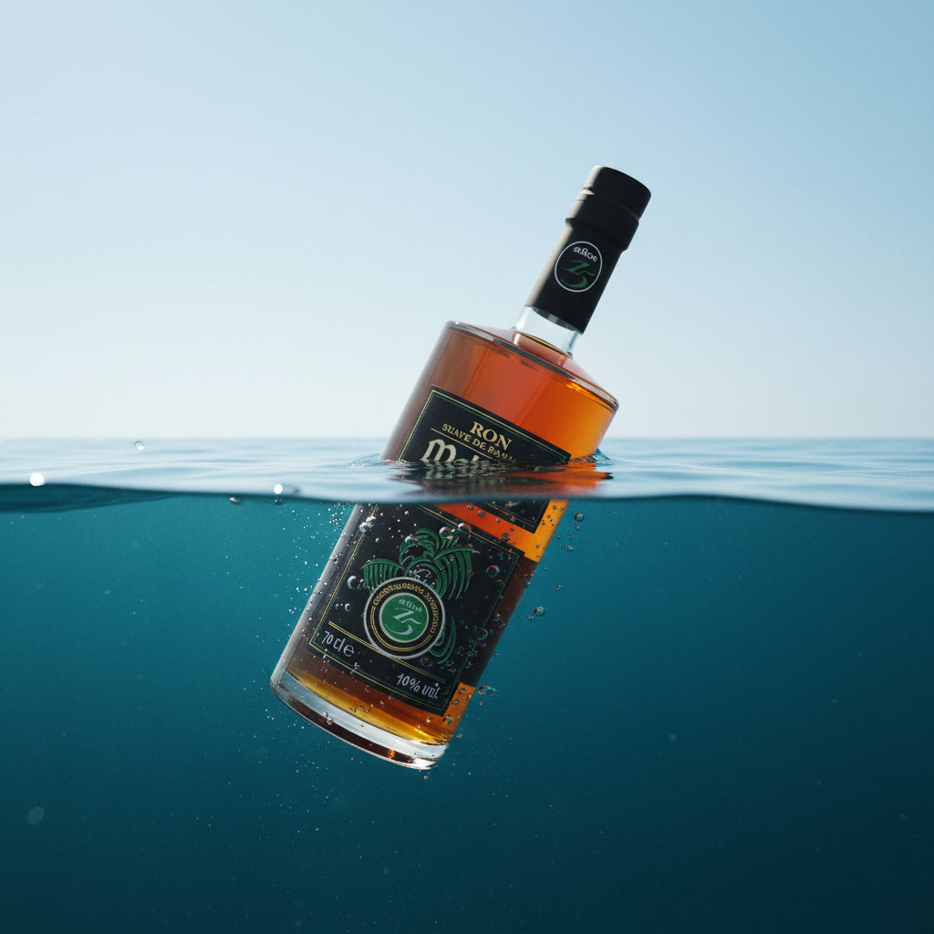 Load image into Gallery viewer, Bottle of Ron Malteco 15 Year Old Reserva Maya Rum floating on water with a clear blue sky above.