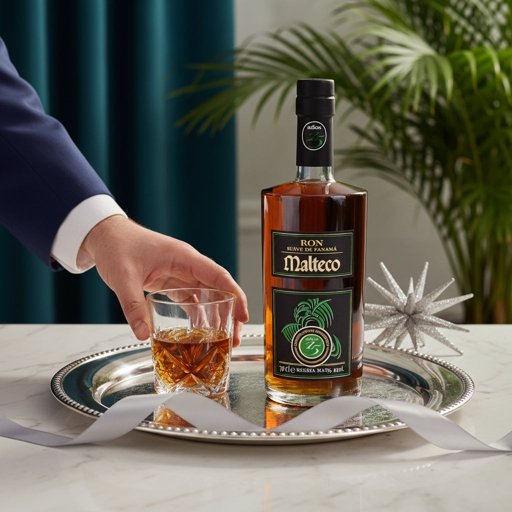 Load image into Gallery viewer, Bottle of Ron Malteco 15 Year Old Reserva Maya Rum on a tray with a glass of rum,