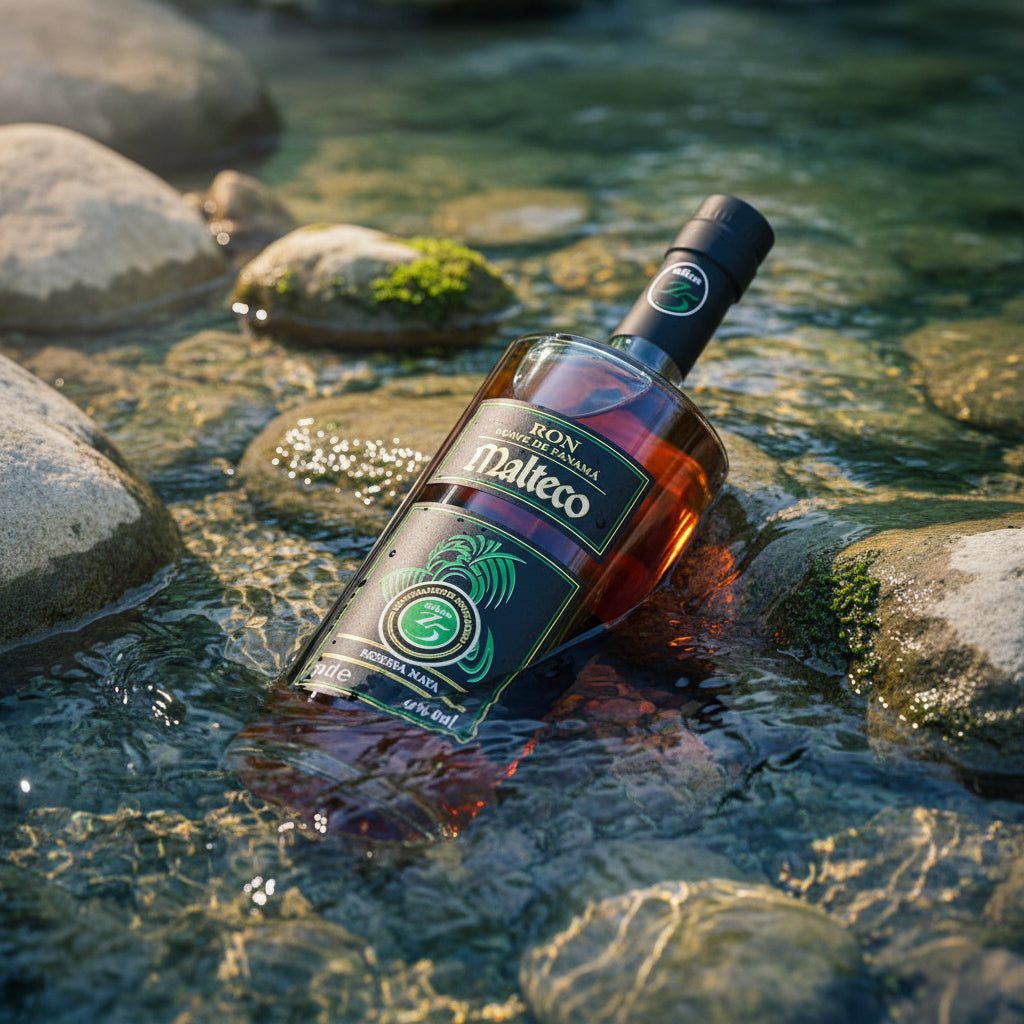Load image into Gallery viewer, Bottle of Ron Malteco 15 Year Old Reserva Maya Rum lying on rocks with water around