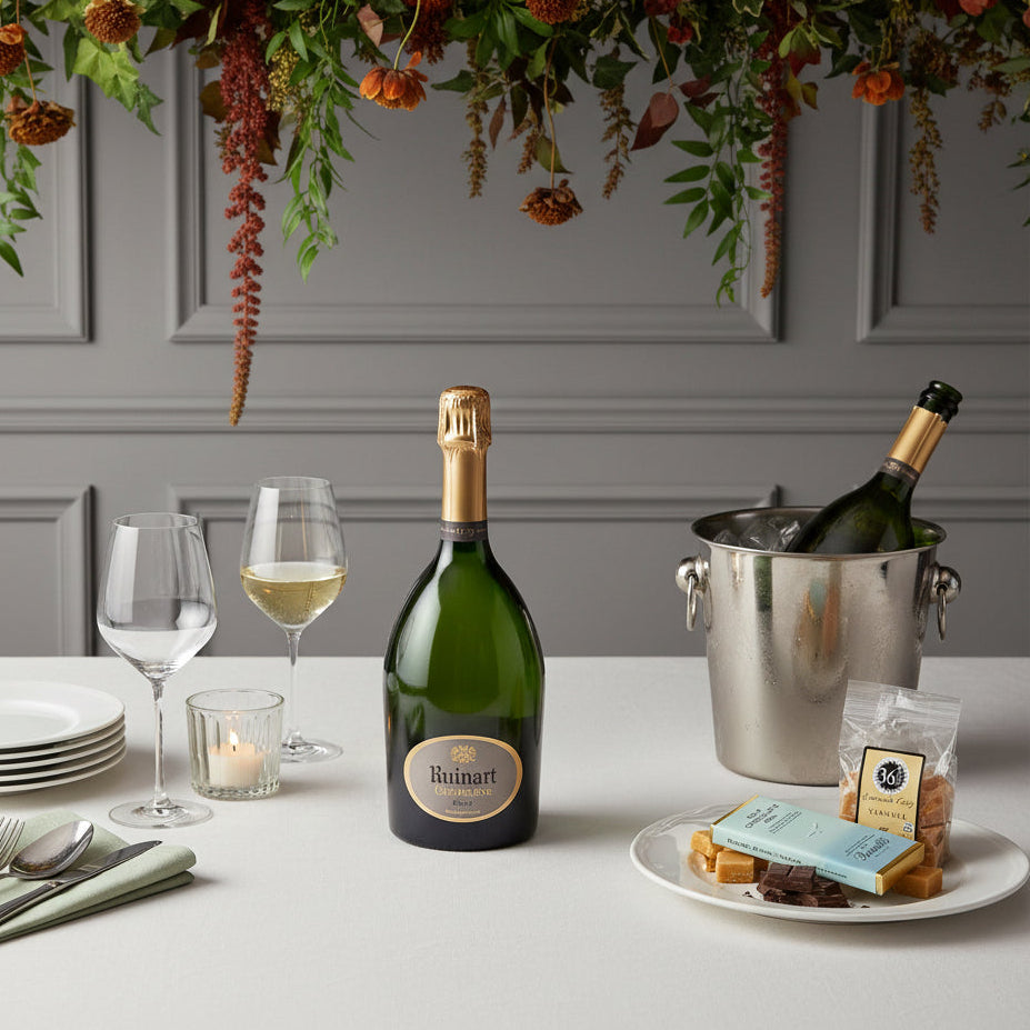 Load image into Gallery viewer, Table setting with Ruinart de Ruinart champagne bottles, glasses, and snacks against a grey wall with floral decorations in a luxury dining room.