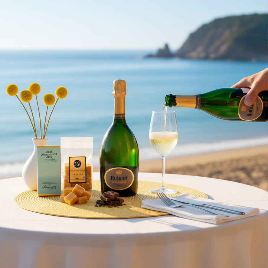 Load image into Gallery viewer, Bottle of Ruinart champagne being poured into a glass on a table by the sea.