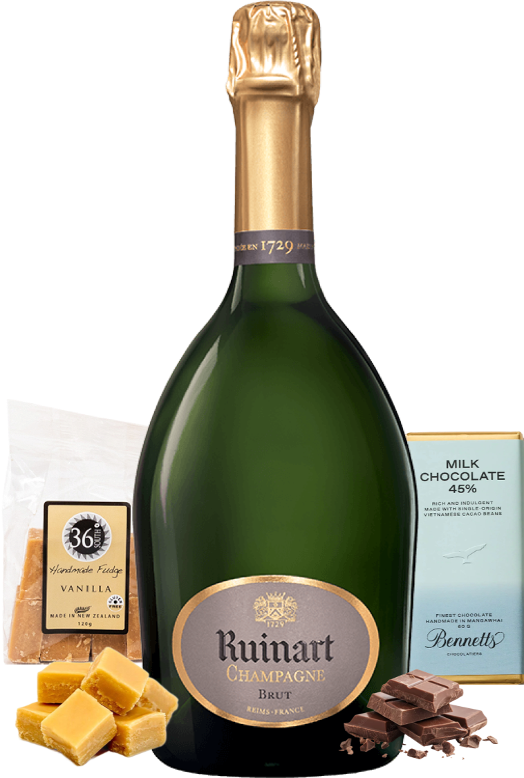 Load image into Gallery viewer, Bottle of Ruinart champagne with chocolate and vanilla products on a white background