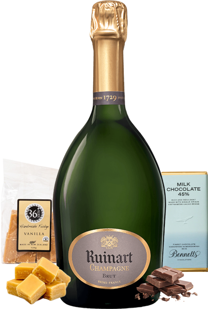 Bottle of Ruinart champagne with chocolate and vanilla products on a white background