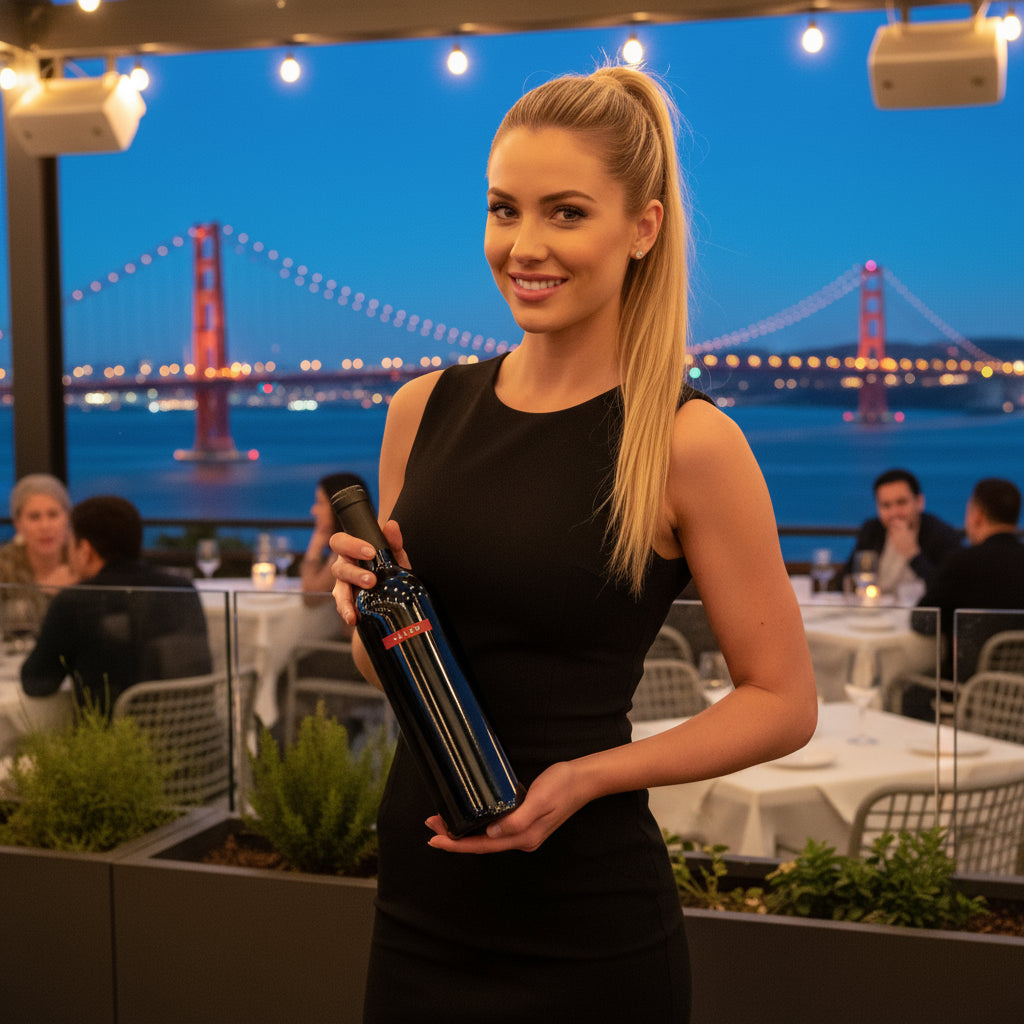 Woman holding a bottle of Bottle of Saldo Zinfandel red wine with a cityscape and bridge in the background