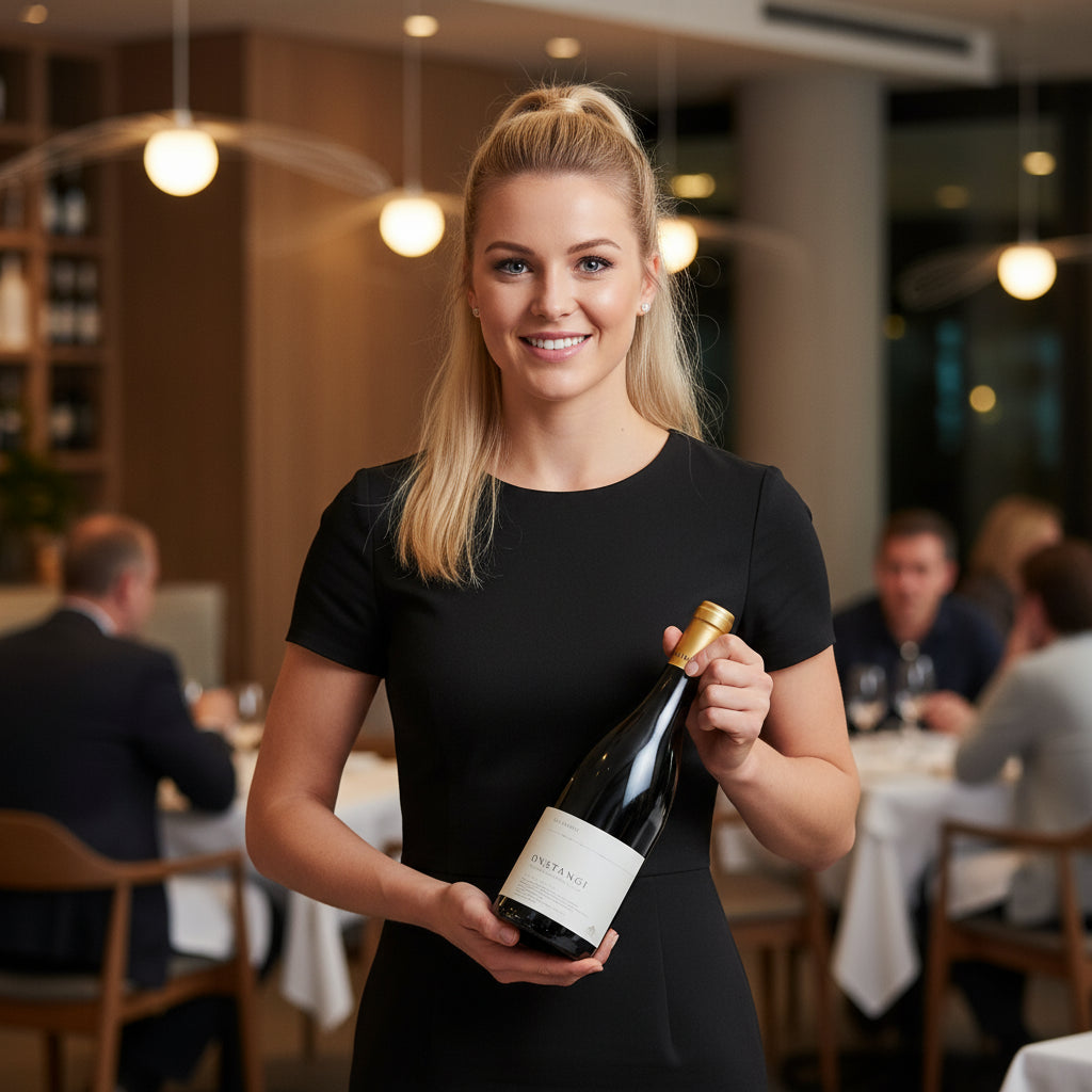 Woman holding a bottle of Sam Harrop Onetangi Waiheke Island syrah wine in a restaurant setting