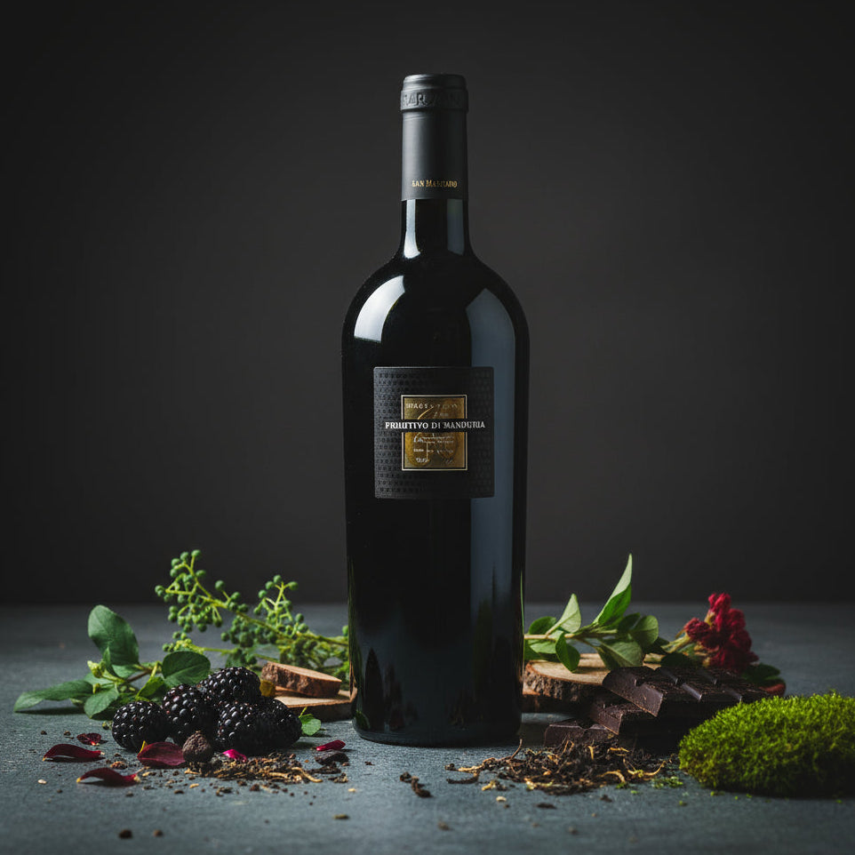 Bottle of A bottle of San Marzano Sessantanni Primitivo red wine with decorative elements on a dark background
