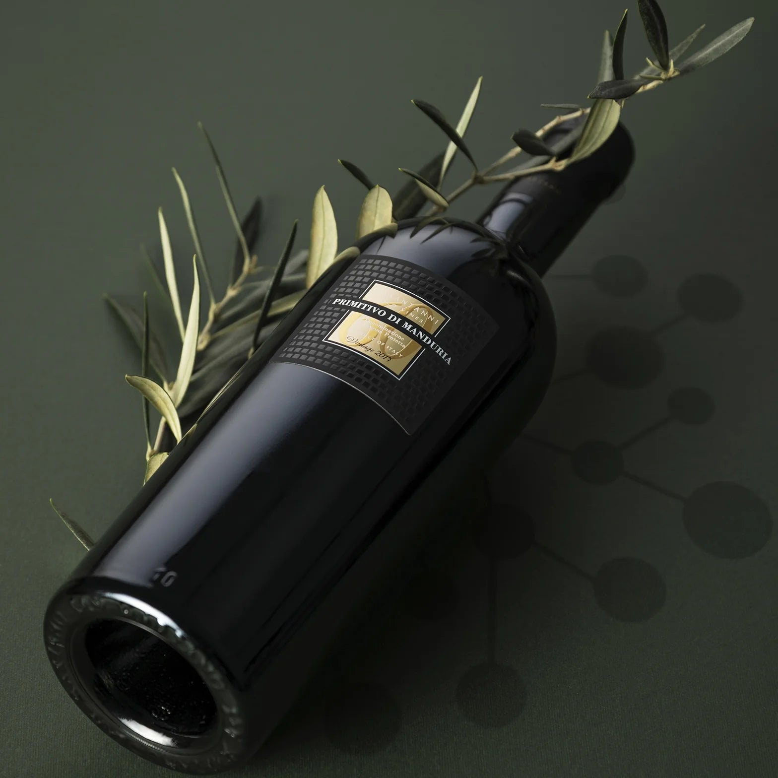 Load image into Gallery viewer, Black wine bottle with olive branch on a dark background