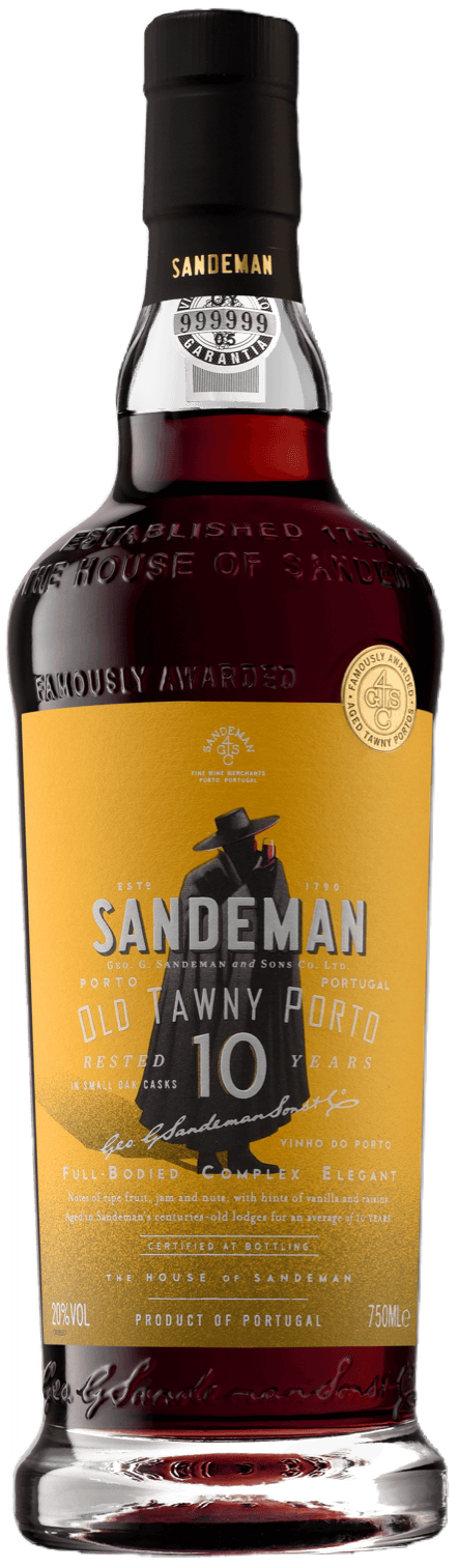 Sandeman 10 Year Old Tawny Port wine bottle with yellow label and black cap