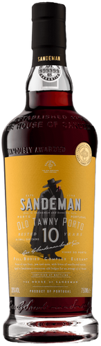 Sandeman 10 Year Old Tawny Port wine bottle with yellow label and black cap