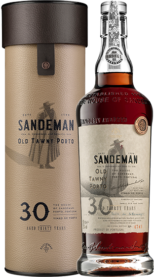 Load image into Gallery viewer, An image of a bottle of Sandeman Porto Tawny 30 Year Old Port wine next to its handsome gift tube packaging