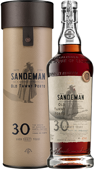 An image of a bottle of Sandeman Porto Tawny 30 Year Old Port wine next to its handsome gift tube packaging