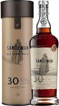 Load image into Gallery viewer, An image of a bottle of Sandeman Porto Tawny 30 Year Old Port wine next to its handsome gift tube packaging