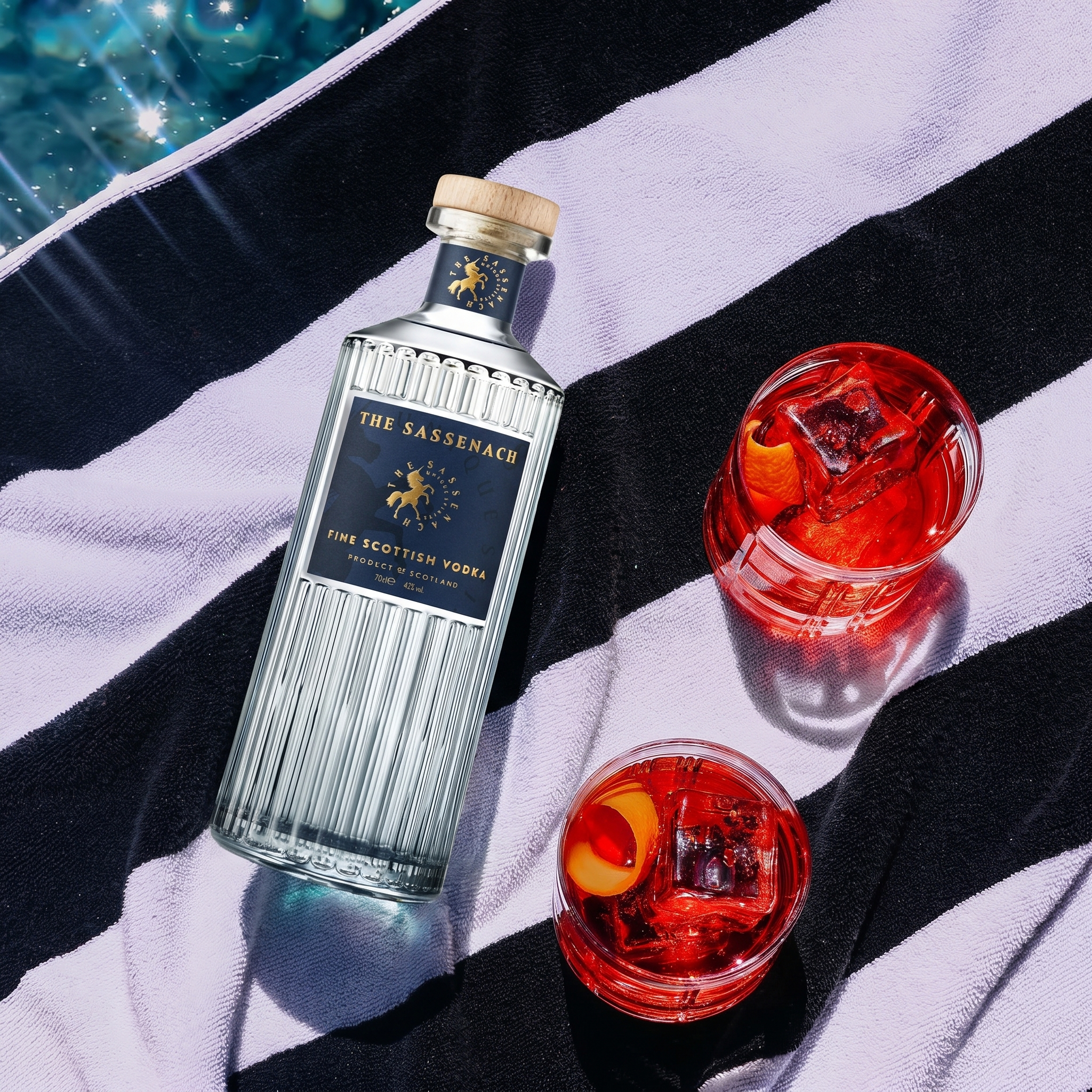 Load image into Gallery viewer, A bottle of The Sassenach Fine Scottish Vodka lies on a black-and-white striped towel beside two red cocktails with ice and orange peel garnish in a bright outdoor setting.