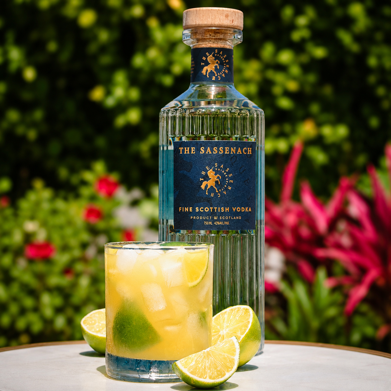 Load image into Gallery viewer, A bottle of The Sassenach Fine Scottish Vodka stands on a table beside a glass of pale yellow cocktail with ice, lime slices, and green foliage in the background.