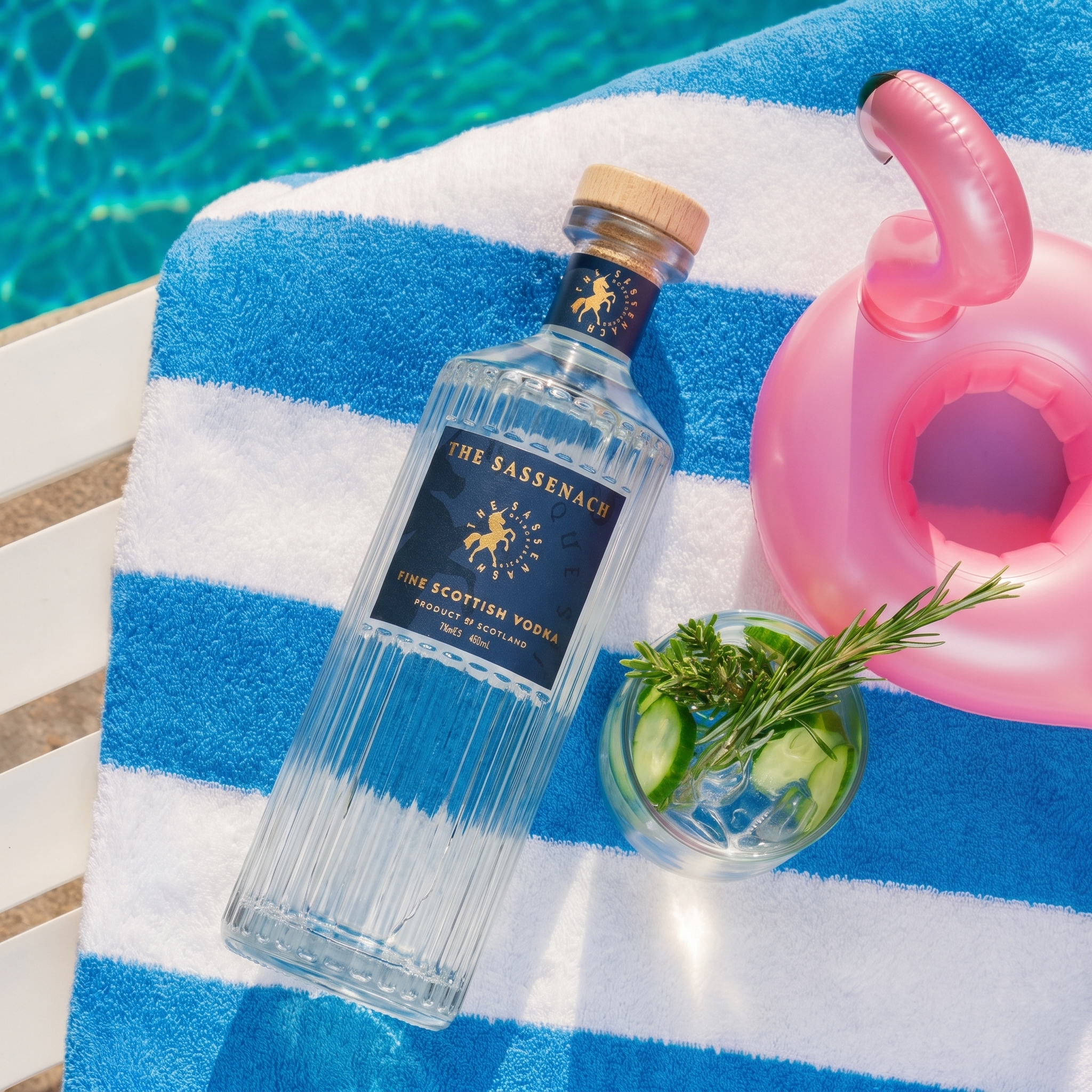 Load image into Gallery viewer, A bottle of The Sassenach The Scottish Vodka lies on a blue and white striped towel beside a pink flamingo float and a glass of cucumber drink near a swimming pool.