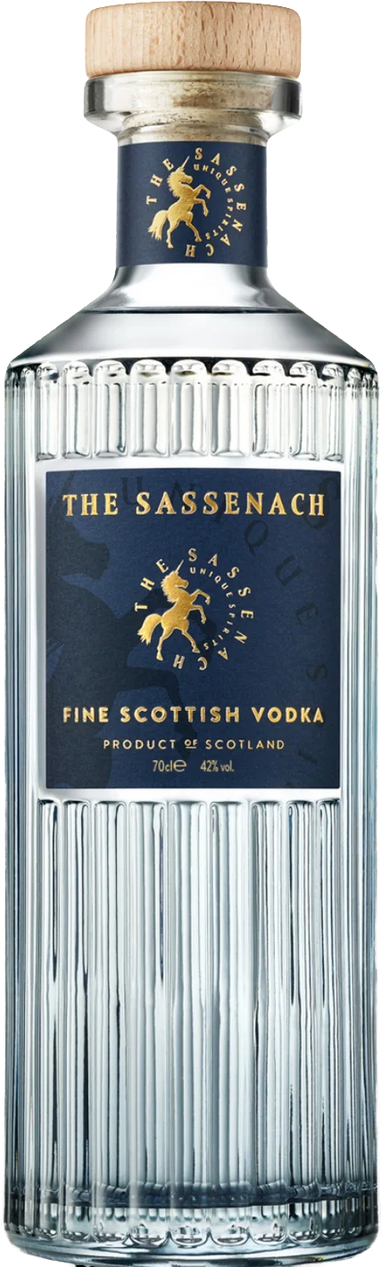 Load image into Gallery viewer, A bottle of The Sassenach Fine Scottish Vodka, 42% abv, 700ml volume, featuring a clear ribbed glass bottle, a dark blue label with gold lettering and a horse logo, and a light wood cap.