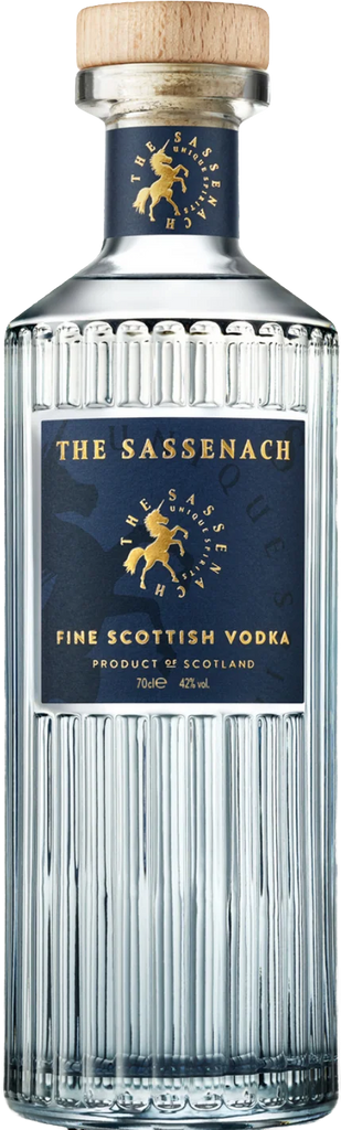 A bottle of The Sassenach Fine Scottish Vodka, 42% abv, 700ml volume, featuring a clear ribbed glass bottle, a dark blue label with gold lettering and a horse logo, and a light wood cap.