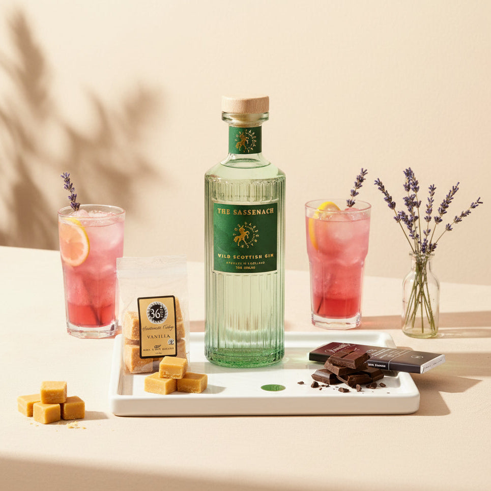 Load image into Gallery viewer, A bottle of The Sassenach Wild Scottish stands on a white tray beside a bag of 36 Degrees vanilla fudge, vanilla fudge peices, a bar of Bennett's dark chocolate lying flat, chocolate pieces, and two pink cocktails with lemon slices. The scene is styled on a warm cream surface with lavender sprigs and soft shadows.