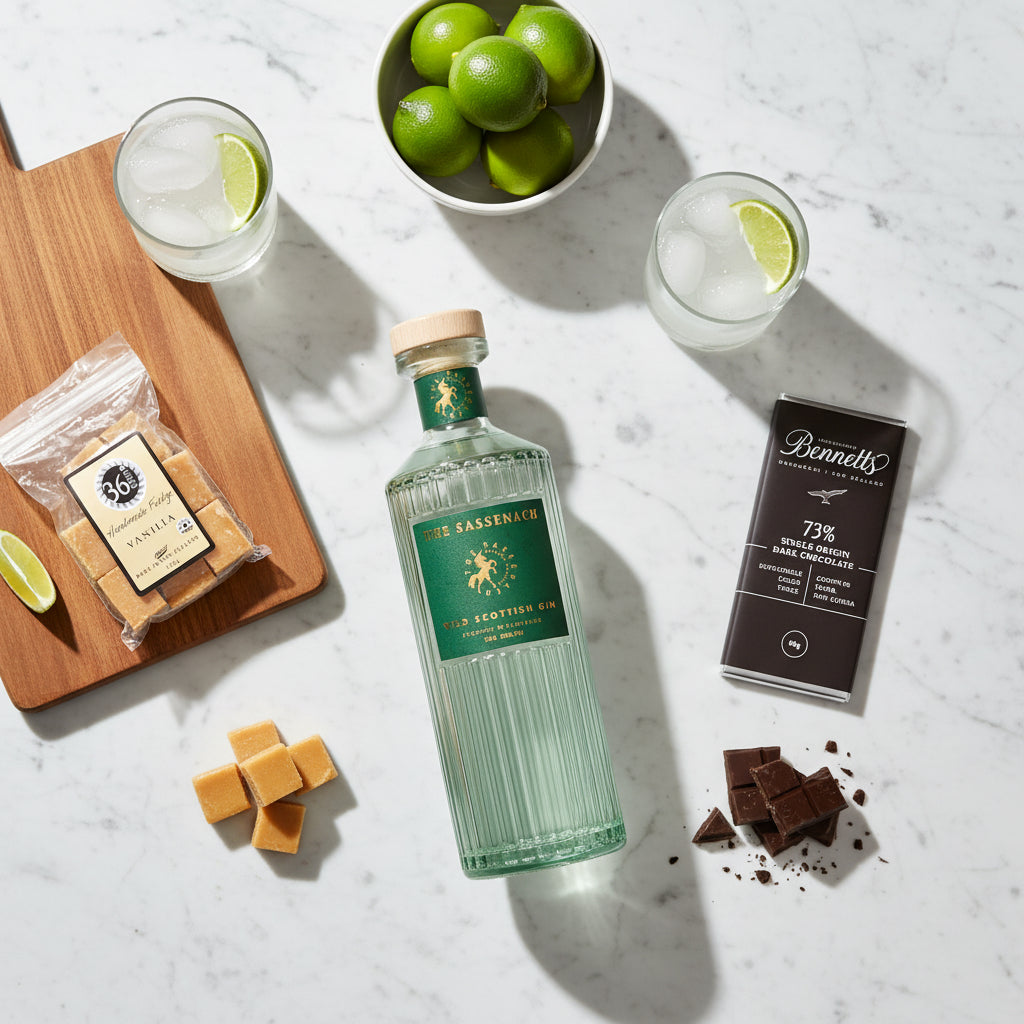 Load image into Gallery viewer, A styled flat-lay featuring a bottle of The Sassenach Wild Scottish in the centre, surrounded by ingredients and treats on a white marble surface: two glasses of gin with lime slices, a bowl of limes, a packet of 36 Degrees vanilla fudge on a wooden board, vanilla fudge cubes, and a bar of Bennett's 73% dark chocolate.