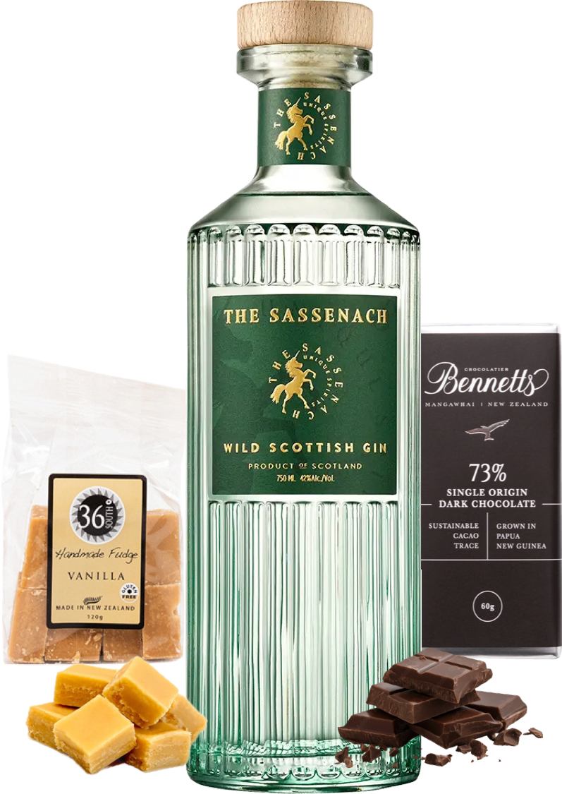 Load image into Gallery viewer, A bottle of The Sassenach Wild Scottish Gin centered on a white background, surrounded by product ingredients: a bag of 36 Degrees Vanilla handcrafted fudge, several vanilla fudge cubes, and a box of Bennett's 73% Single Origin Dark Chocolate with chocolate pieces scattered in front.