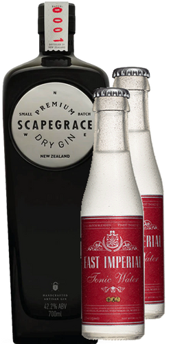 An image of a bottle of Scapegrace Classic Gin Gift Box with two bottles of East Imperial tonic water