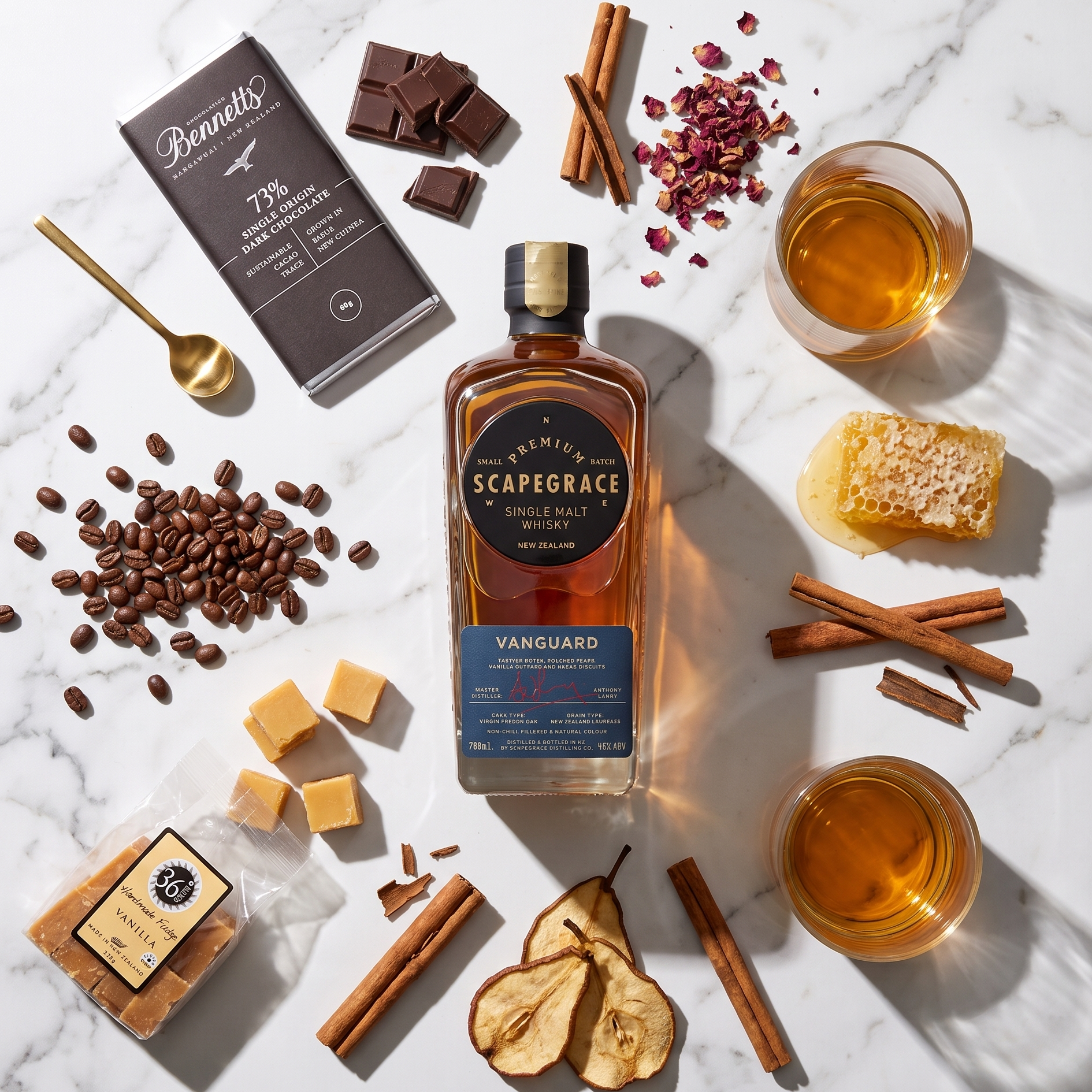 Load image into Gallery viewer, A bottle of Scapegrace Premium Single Malts Scotch whisky is arranged on a white marble surface with styled ingredients and drinks around it, including coffee beans, cinnamon sticks, dried pears, chocolate pieces, honeycomb, a glass of amber liquid, and a glass of white wine. A Bruges chocolate bar box is also visible.