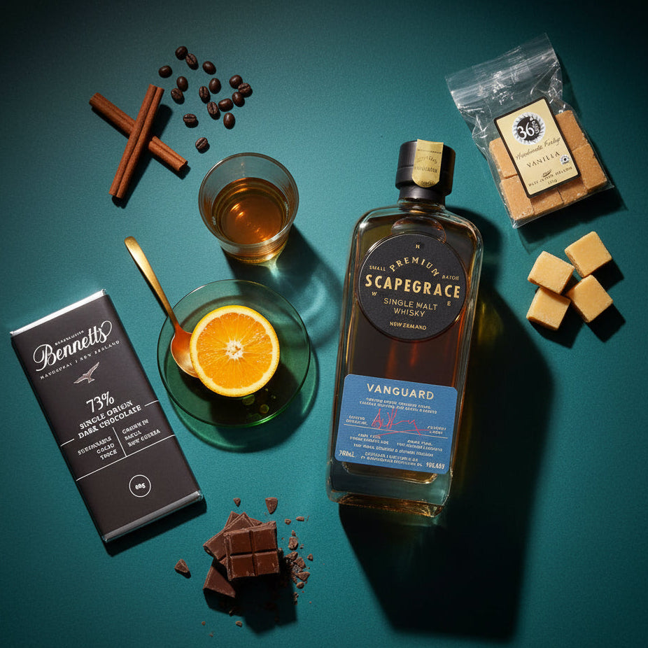 Load image into Gallery viewer, A styled flat-lay featuring a bottle of Scapegrace Single Malty Whisky alongside Bennetts dark chocolate, a glass of whiskey, cinnamon sticks, coffee beans, and an orange slice on a teal background.