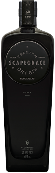 An image of a bottle of Scapegrace Black Gin. One of the spectacular New Zealand Gins