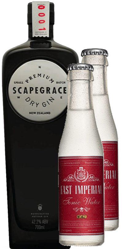 An image of a bottle of Scapegrace Classic Gin Gift Box with two bottles of East Imperial tonic water