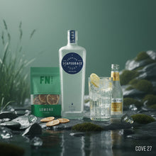 Load image into Gallery viewer, Scapegrace gin bottle with a bottle of Fever-treeIndian tonic and a pouch of FN dried lemon slices on a natural background
