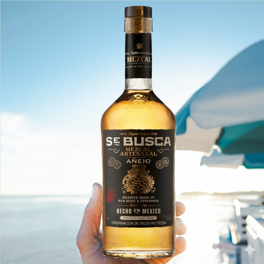 Load image into Gallery viewer, Bottle of Se Busca Mezcal with a blurred beach background