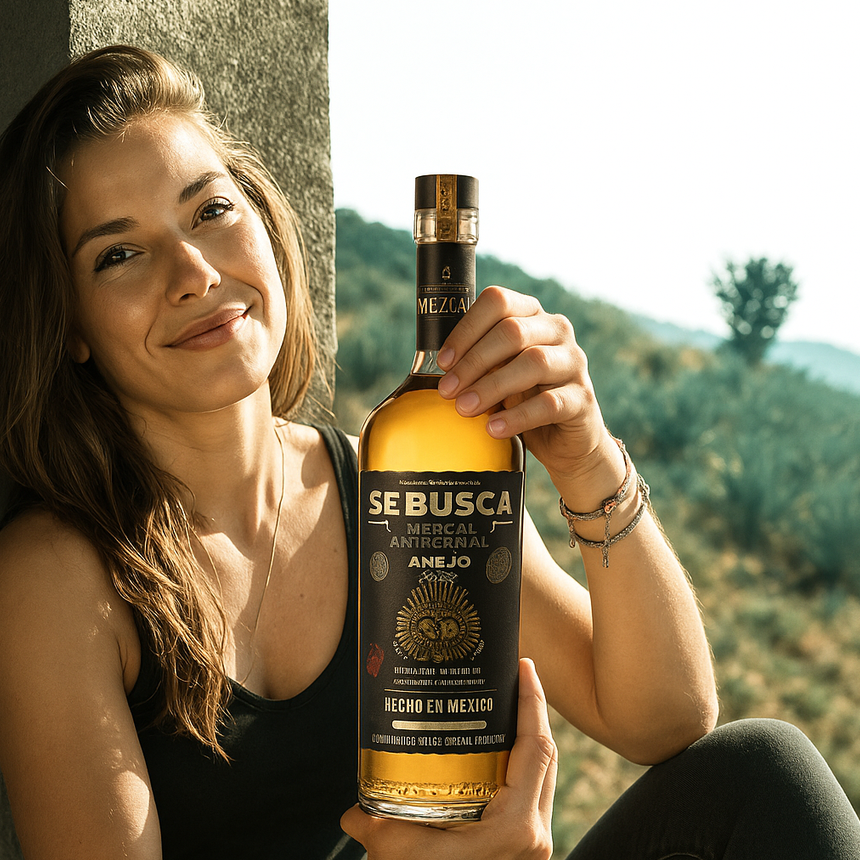 Load image into Gallery viewer, Woman holding a bottle of Se busca Mezcal in an outdoor setting