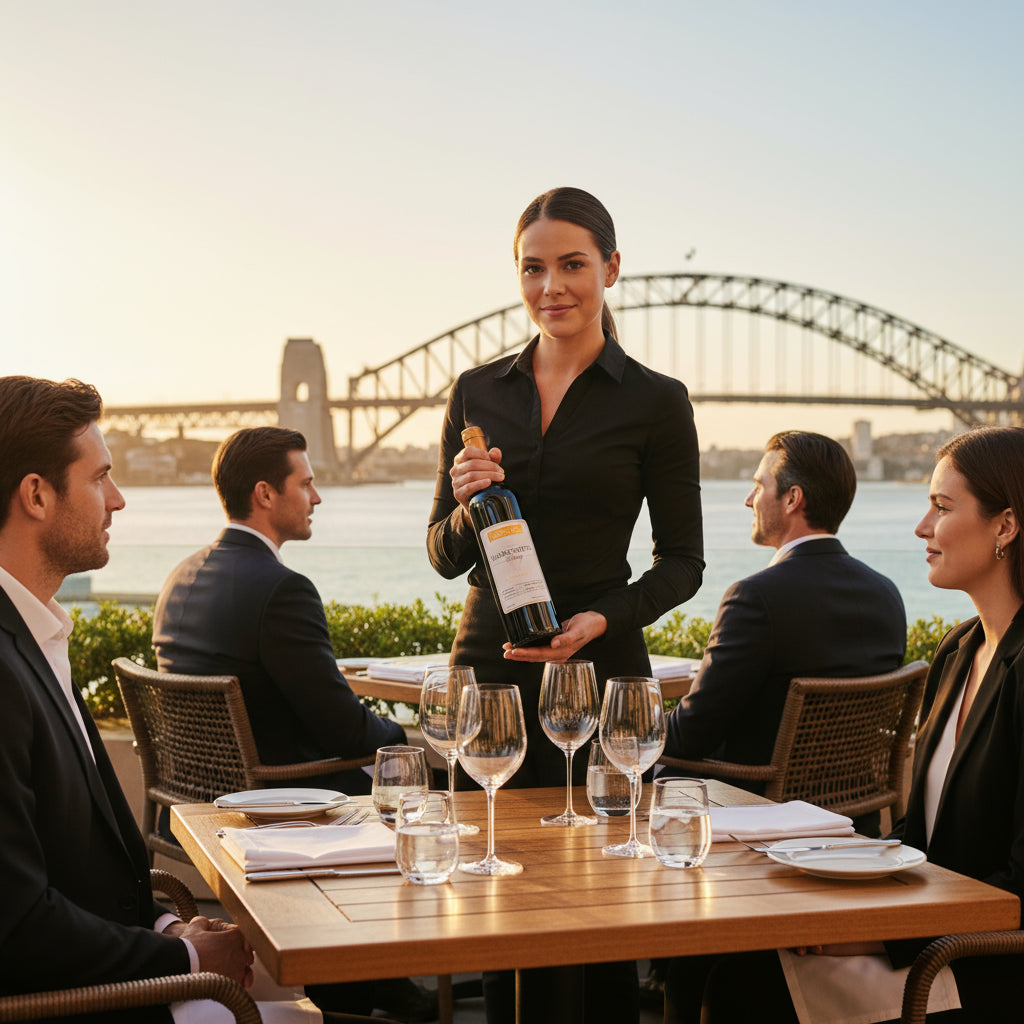 Waitress serving Serafino-Sharktooth-Shiraz wine to four people at an outdoor dining table with a bridge in the background