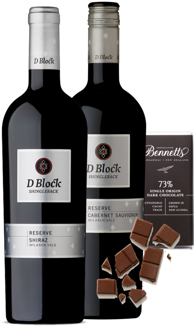 An image of the Shingleback 'D Block' Reserve Red Wine Gift Box, including two bottles of Shingleback wines and a bar of hand-made Bennetts Dark Chocolate