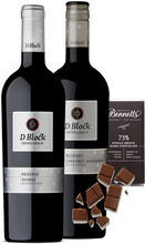 Load image into Gallery viewer, An image of the Shingleback &#39;D Block&#39; Reserve Red Wine Gift Box, including two bottles of Shingleback wines and a bar of hand-made Bennetts Dark Chocolate