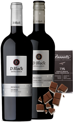 An image of the Shingleback 'D Block' Reserve Red Wine Gift Box, including two bottles of Shingleback wines and a bar of hand-made Bennetts Dark Chocolate